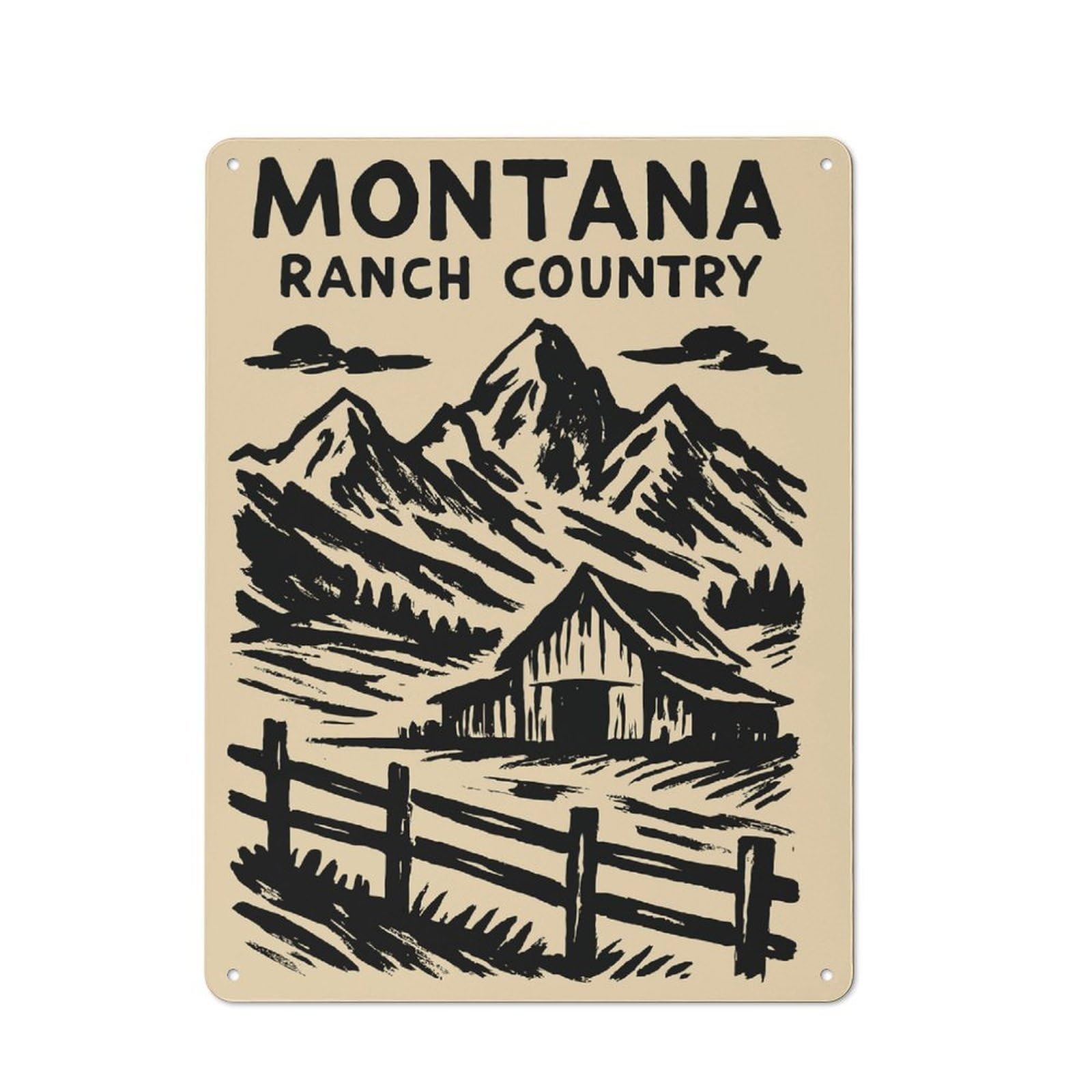 Junmoney Style-16 Tin Wall Plaque 40X30cm With Montana Ranch Country Barn And Mountains For Café Or Restaurant, Housewarming Present For People Styling Café And Restaurant