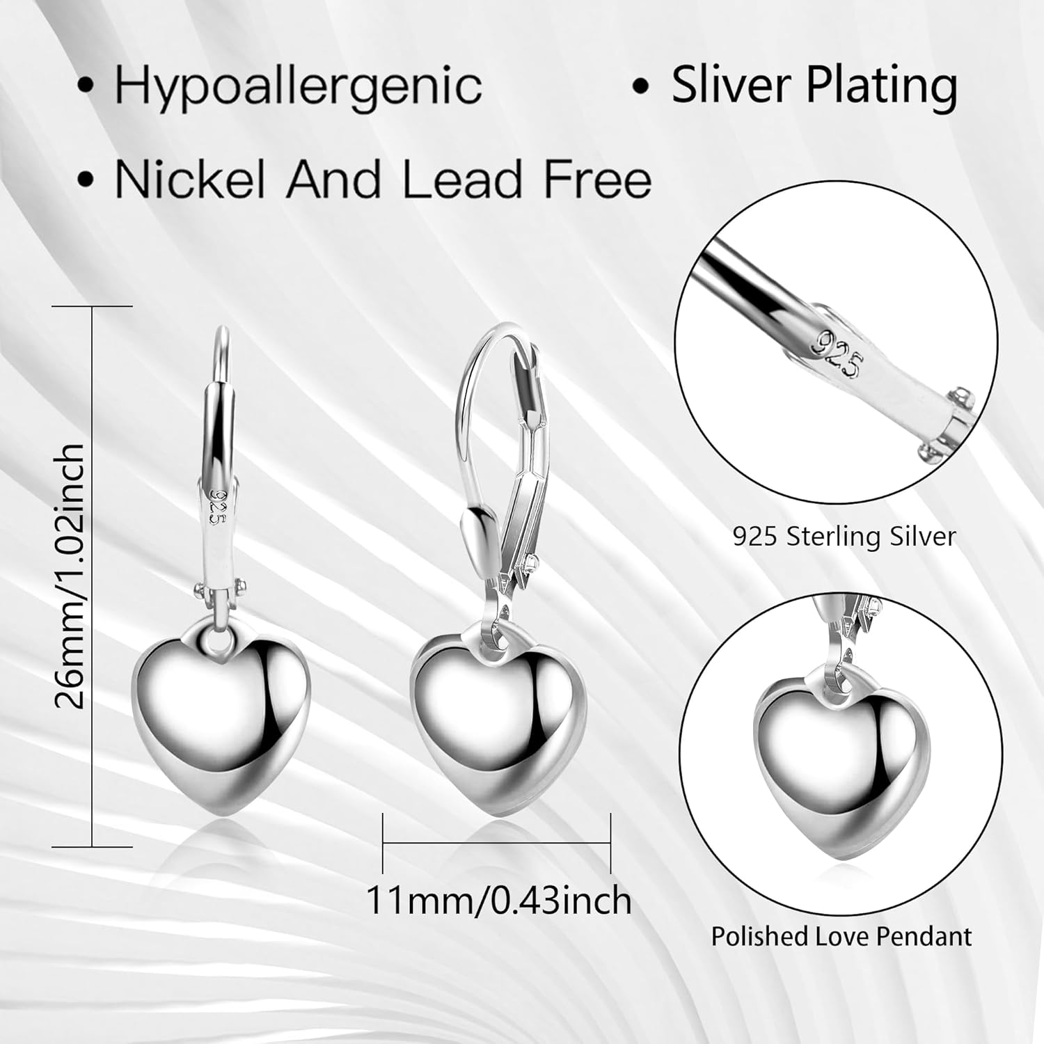 925 Sterling Silver Heart Dangle Earrings for Women Silver Dangle Leverback Earrings Hypoallergenic Love Heart Dangle Drop Earrings for Jewelry Gifts - Image 3