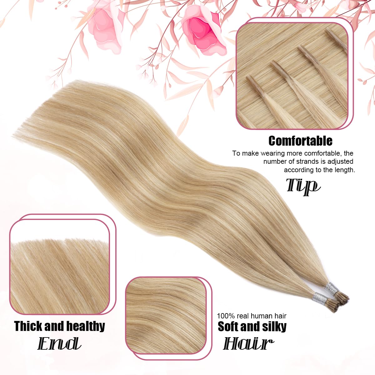 Kun Na I Tip Hair Extensions 50g/pack Pre Bonded Stick Tip Keratin Real Remy Human Hair Extension Straight (#18/613, 20 inch) - Image 2