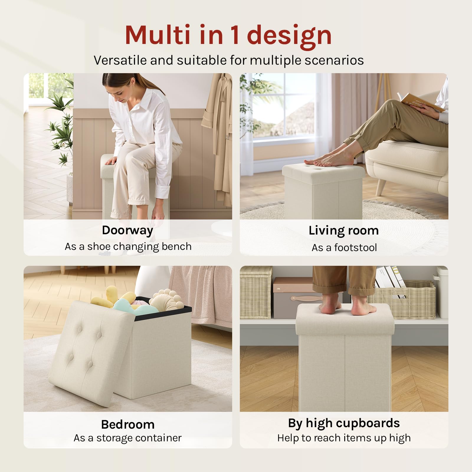 WOLTU Pouf con Contenitore, Puffo Pieghevole con Coperchio, Poggiapiedi Divano, Cubo Seduta con Ripiano, per Soggiorno o Camera da Letto, 30x30x30 cm, Crema