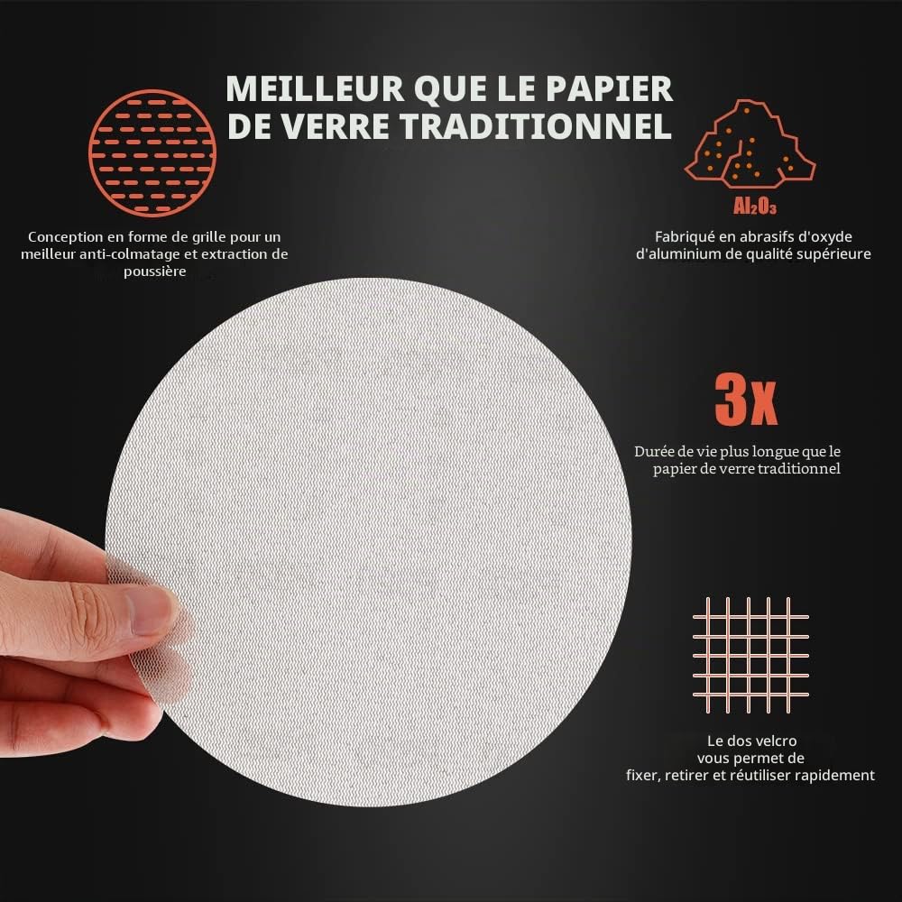 SPTA Abranet Disques abrasifs filet Ø 150mm Velcro, Lot de 50 (80/120/180/240/320 Grain)/Pour toutes les ponceuses excentriques et ponceuses 150mm