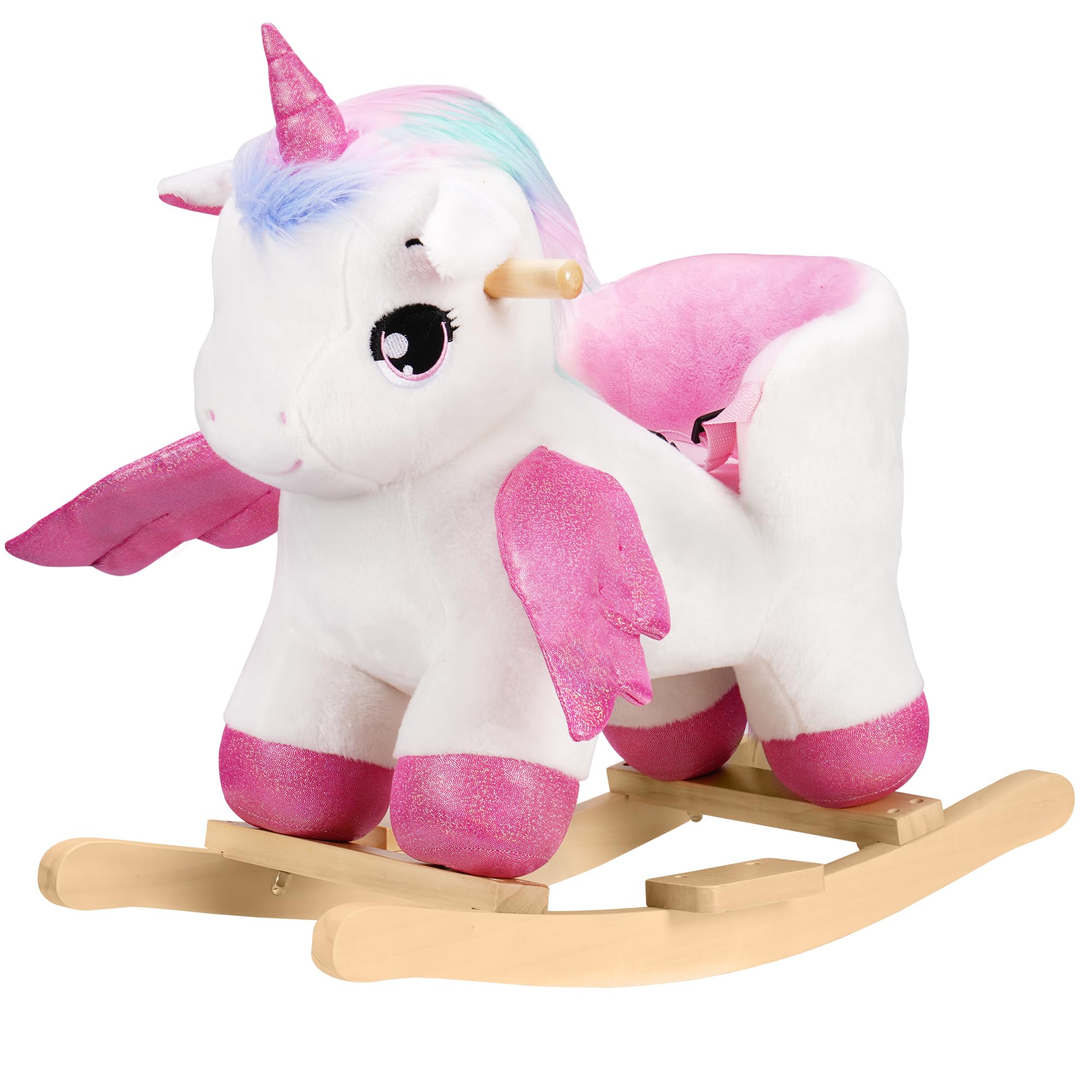 Rengue Unicorn Baby Rocking Horse, Toddler Kids Pink Fairy Unicorn Rocking Horse with Wooden Base Seat Safety Belt for 6 Months to 3 Years