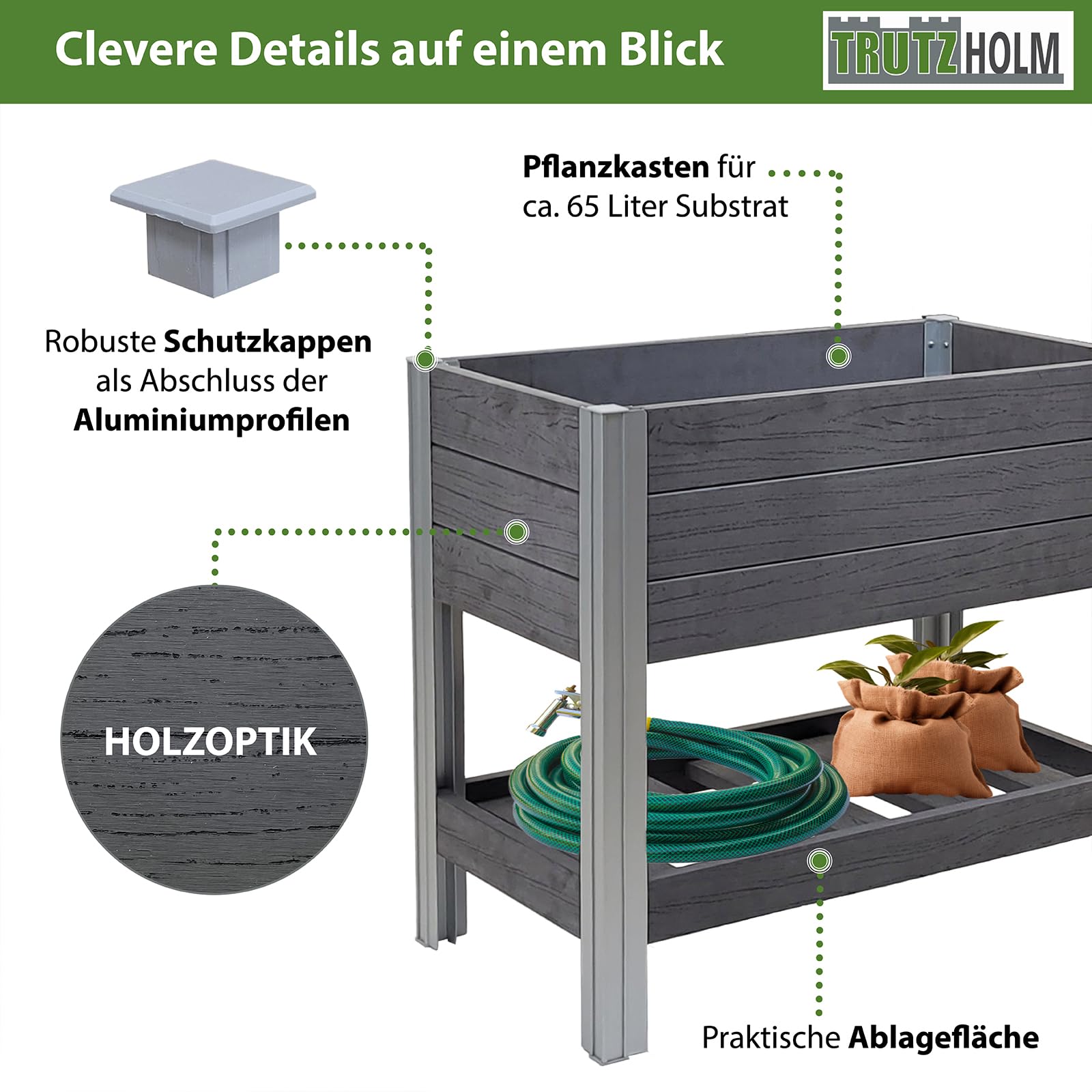 TRUTZHOLM Hochbeet mit Ablage 79x46x74 cm 65 Liter Holzoptik robust witterungsbeständig Kräuterbeet Pflanzkasten Anthrazit