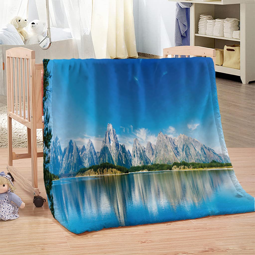 Plaid Polaire Enfant 3D 150x200 Montagnes & Lacs Impression Couvertures Douce Moelleuse Flanelle Couverture De Pause Déjeuner Bureau Couverture pour lit et canapé