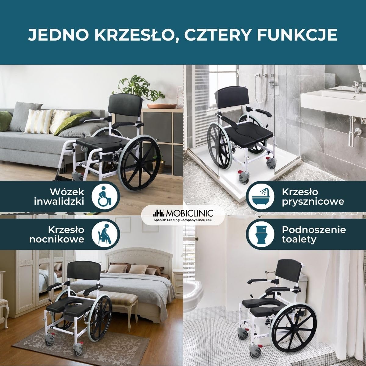 Mobiclinic®, Krzesło Wannowo-Prysznicowe na Kółkach, Przenośna Toaleta, Ze Zdejmowaną Miską, Samobieżne, Regulowana Wysokość, Składany Podnóżek i Podłokietniki, Caligula