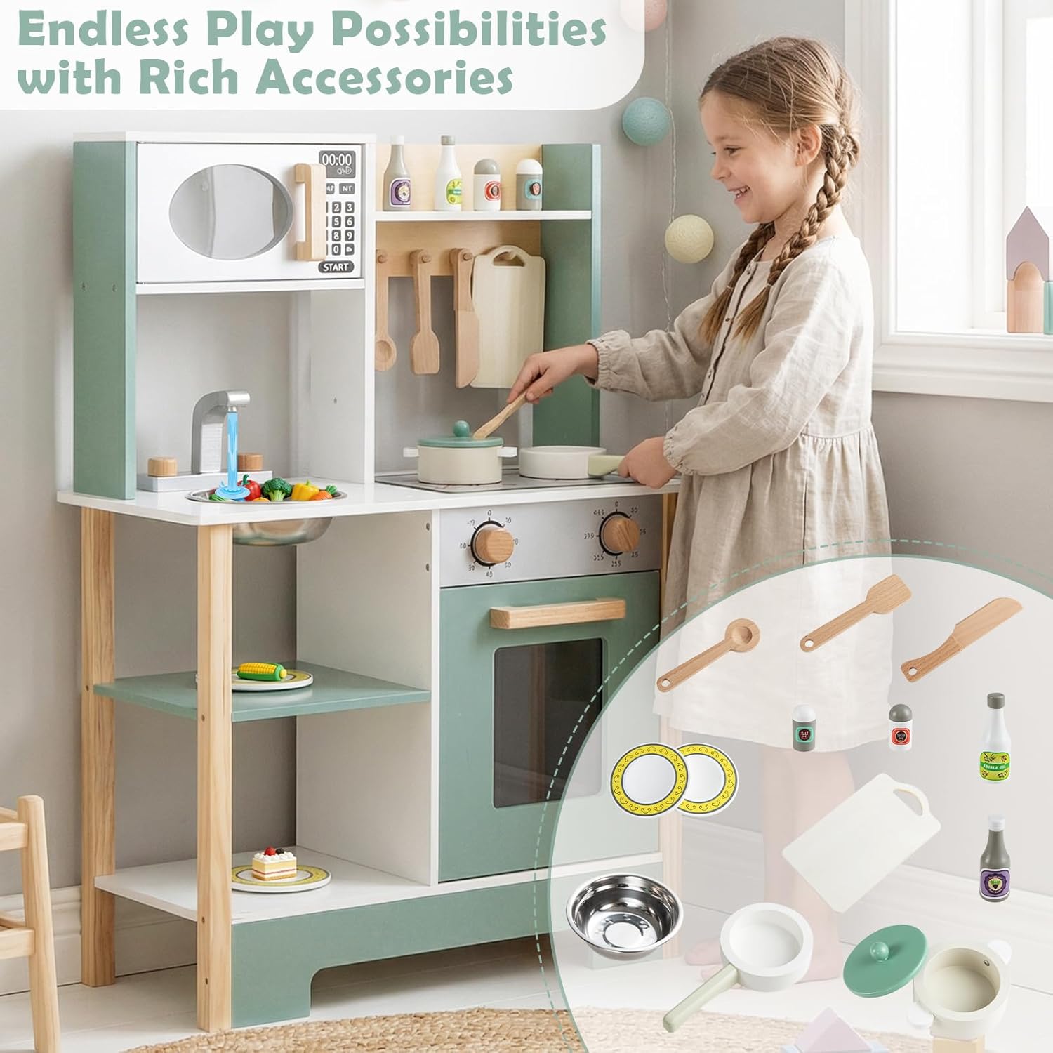 HONEY JOY Play Kitchen with Chalkboard, Wooden Kids Kitchen Playset, Stove, Microwave, Faucet & Sink, 13 Cook Accessories, Storage Cabinet, Toy Kitchen Set, Gift for Toddlers Boys Girls, Green