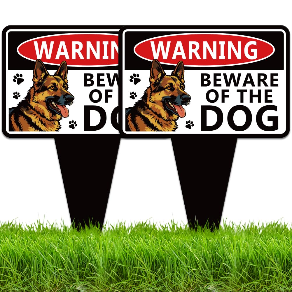 WEBEEDY 2 Pack Beware Of The Dog Sign with Stake, German Shepherd Metal Dog Warning Sign, Double Sided Metal Beware of Dog Signs for Fence Door Backyard Gate Yard Outdoor, Weatheproof Aluminum,25x35cm