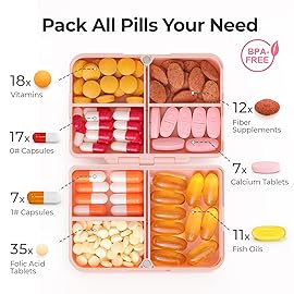 AUVON Daily Pill Organizer Fit with Your Purse or Pocket, Compact Travel Pill Box Case with Slim Folding Design and Long-Lasting Hinges to Hold Vitamin, Fish Oil, Supplement or Jewelry(Pink)