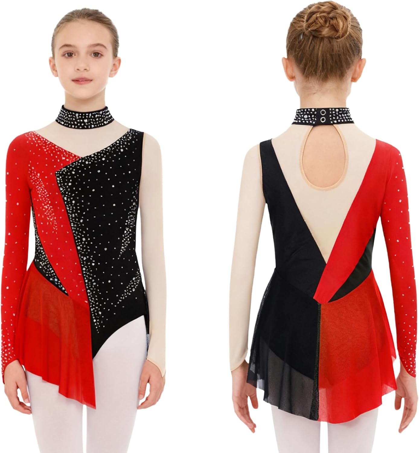 Kids Girls Long Sleeve Sparkly Rhinestone Figure Ice Skating Dress Gymnastics Skirted Leotard Skating Wear