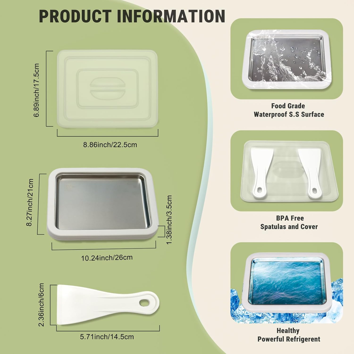 Rolled Ice Cream Maker with Lid and 2 Spatulas, At-Home DIY Instant Rolled Ice Cream Tray for Soft Serve, Slushies, Frozen Yogurt, Sashimi Plate, for Fun Family Activities, DIY Parent-Child Time