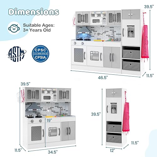 Miniatura 8 de HONEY JOY Juego de cocina para niños, juego de cocina modular de 2 piezas con luces, refrigerador y máquina de hielo, utensilios de cocina, armario