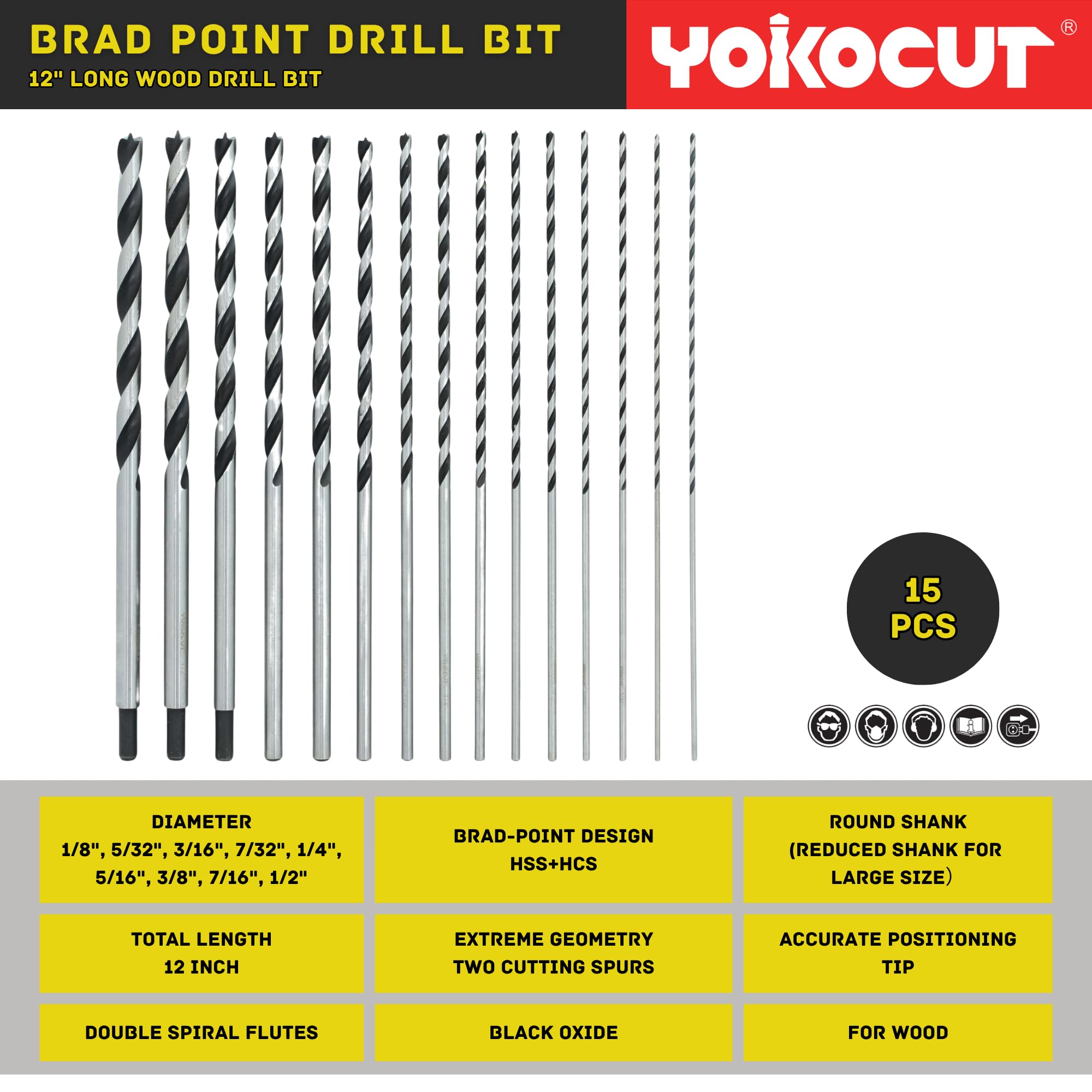 Brad Point Lot de 15 forets à bois de 30,5 cm de long, forets à pointe brasse de 0,3 cm à 1,27 cm pour le travail du bois, foret extra long pour bois dur, contreplaqué, PVC, cloison sèche, composites