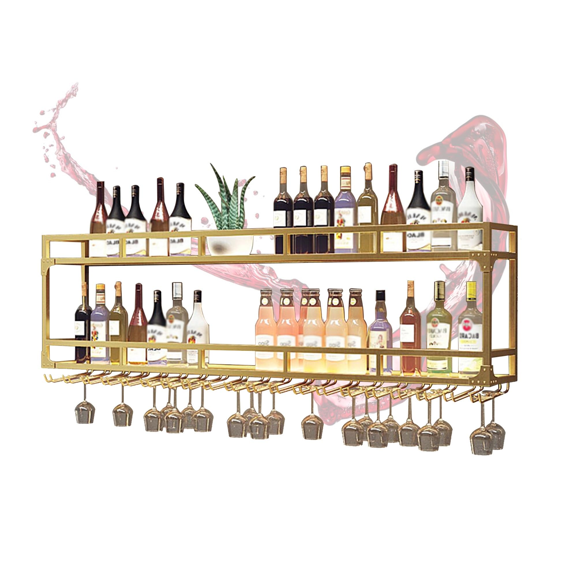 Casier à Bouteilles en Métal Porte Range Bouteille Mural avec Lumière Etagere Murale Meuble Bar avec Support Verre a Pied Suspendu 2/3 Niveaux pour Comptoir de Bar Salon Cuisine(Gold,2 LAYERS_80CM)
