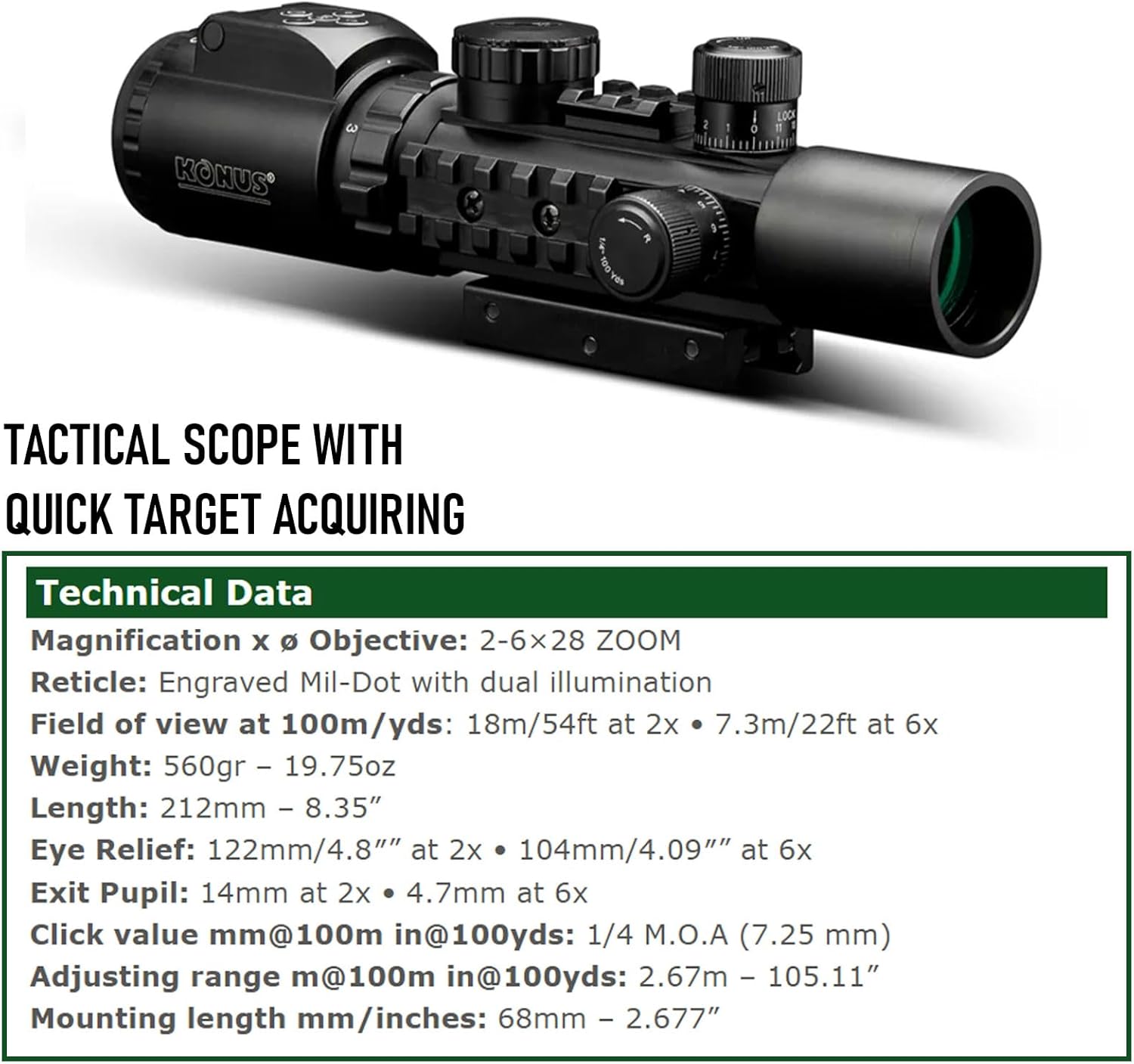 KONUS KONUSPRO AS-34 2-6x28 Tactical Scope for Quick Target Acquisition | Waterproof, Shockproof, Fogproof, Fully Multi-Coated Optics w/ 34mm Tube, Wide Angle & Red/Green Illuminated Reticle (7170)