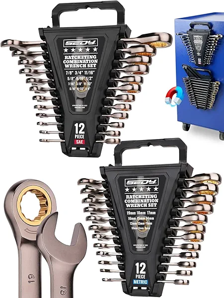 Premium 24-Piece Ratchet Wrenches Set with Magnetic Organizer, SAE 1/4"-7/8" & Metric 8mm-19mm, Cr-V Steel Ratcheting Wrench Set, Ratchet Combination Wrench Set for Automotive, Machine Repair