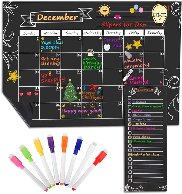 MoKo Magnetic Dry Erase Calendar for Refrigerator, 16.73"x12" Dry Erase Monthly Schedule Planner and Grocery Shopping List with 8 Markers for Kitchen Fridge and White Board - Black