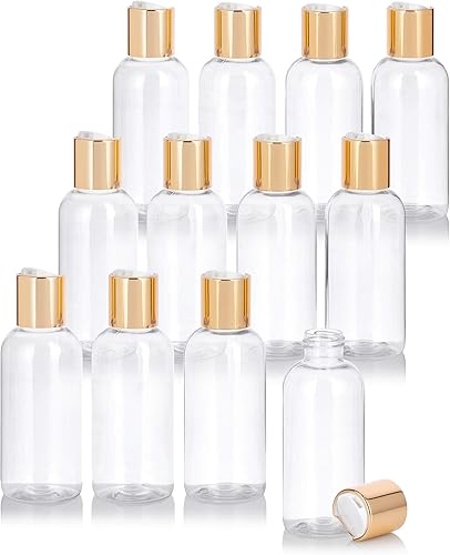 Miniatura 1 de JUVITUS Botella redonda Boston de plástico transparente de 4 onzas  4.1 fl oz con tapa de disco dorada (paquete de 12)