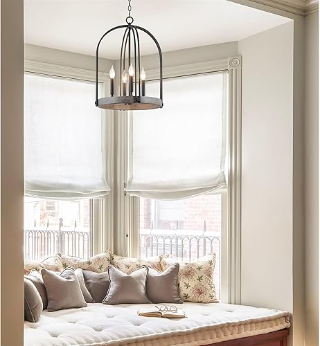 Miniatura 8 de Kira Home Sinclair - Lámpara colgante de granja de 22 pulgadas, 4 luces, lámpara de vestíbulo, estilo madera de roble gris + acabado negro arenado