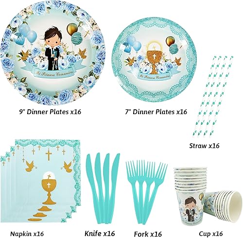 Miniatura 2 de Juego de 112 platos y servilletas azules para comunión Mi Primera, platos de bautismo y servilletas para niños para la primera comunión, suministros