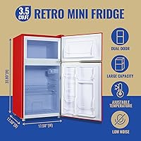 Vista 2 de Refrigerador de 3.5 pies cúbicos con congelador, refrigerador de doble puerta color rojo con estantes ajustables de cristal, cajón plástico