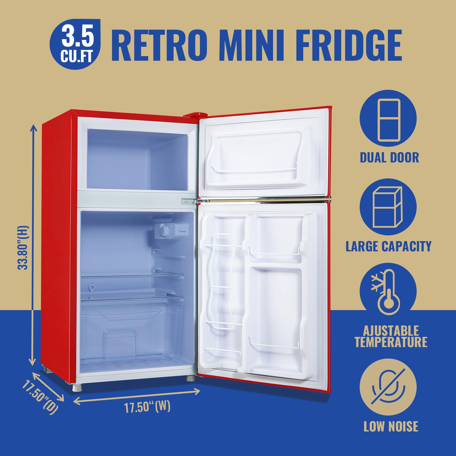 Tacool 3.5 Cu.Ft Refrigerator With Freezer Double Door Red Fridge Adjustable Glass Shelves, Plastic Crisper,7 Level Temperature Control Fridge For Dorm, Office, Apartment on Fridge.com - View 2