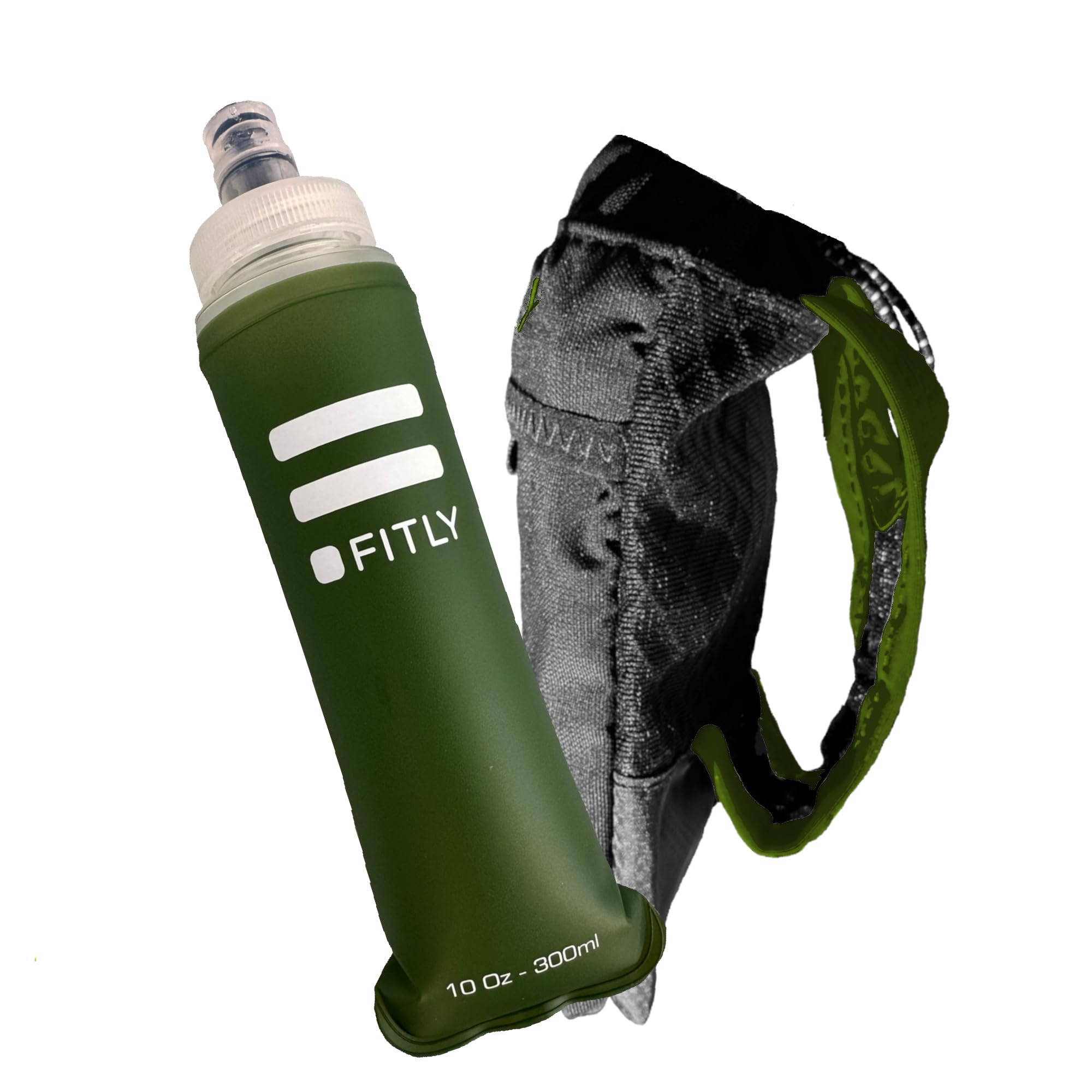 FITLY Flask Holder with 300ml Forest Green Flask - Hand Water Bottle for Runners, Hiking, Skiing & Outdoor - Fits F1, F2, F3 & F4 Collapsible Flask - Hydration Bottle Holder with Pocket — image 1