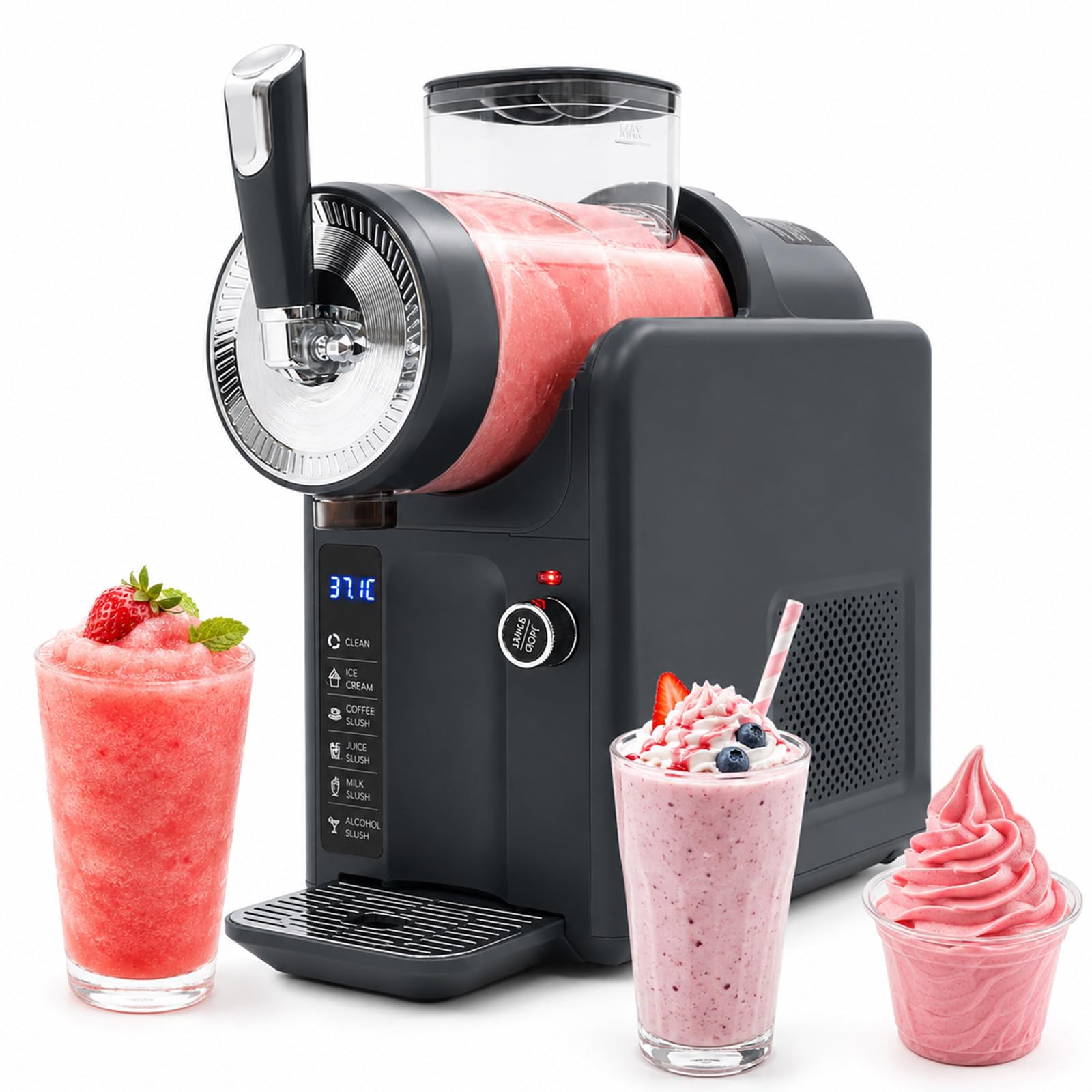 No Ice Needed Slush Machine – 5 Preset Programs for Slushie, Milkshake, Frappe, Sorbet & Soft Ice Cream, 360° Mixing + One-Button Self-Cleaning, 2L Iced Drink Maker for Countertop Black