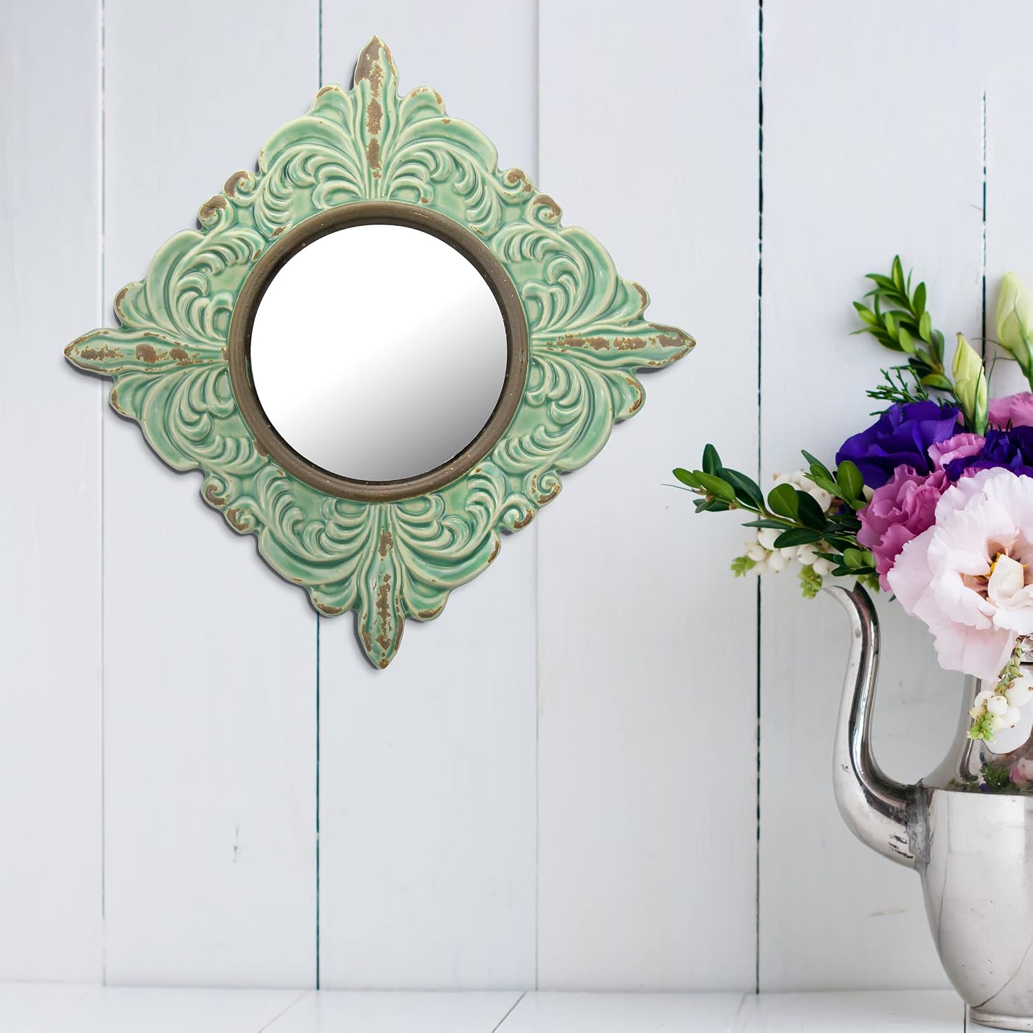 Stonebriar Decorative 11.3" Antique Green Diamond Shape Ceramic Accent Wall Mirror