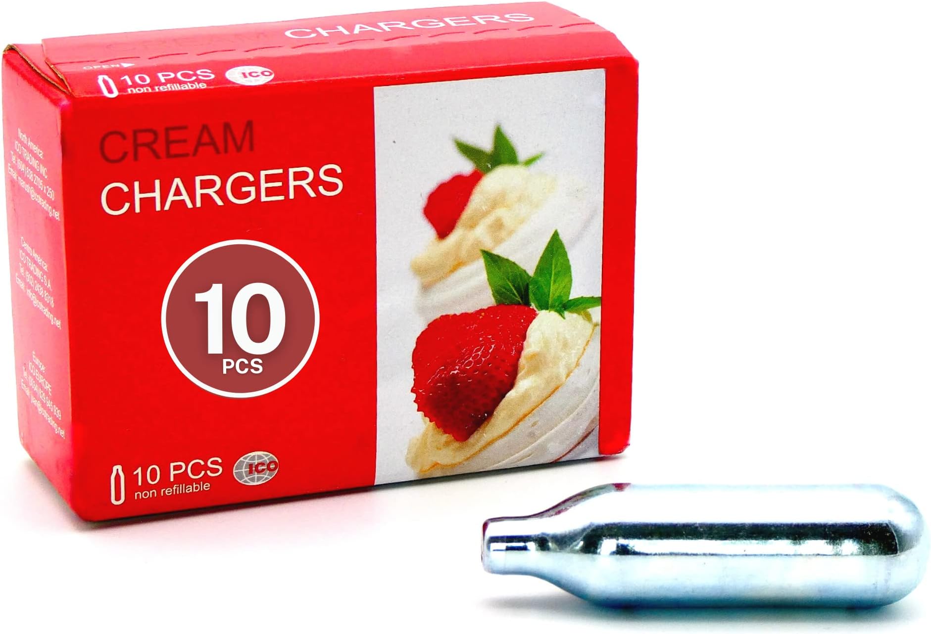 ICO Whipped Cream Charger, 10 Count, 8g N2O Whipped Cream Chargers for Whipped Cream Dispenser, Compatible with Standard Whip Cream Maker