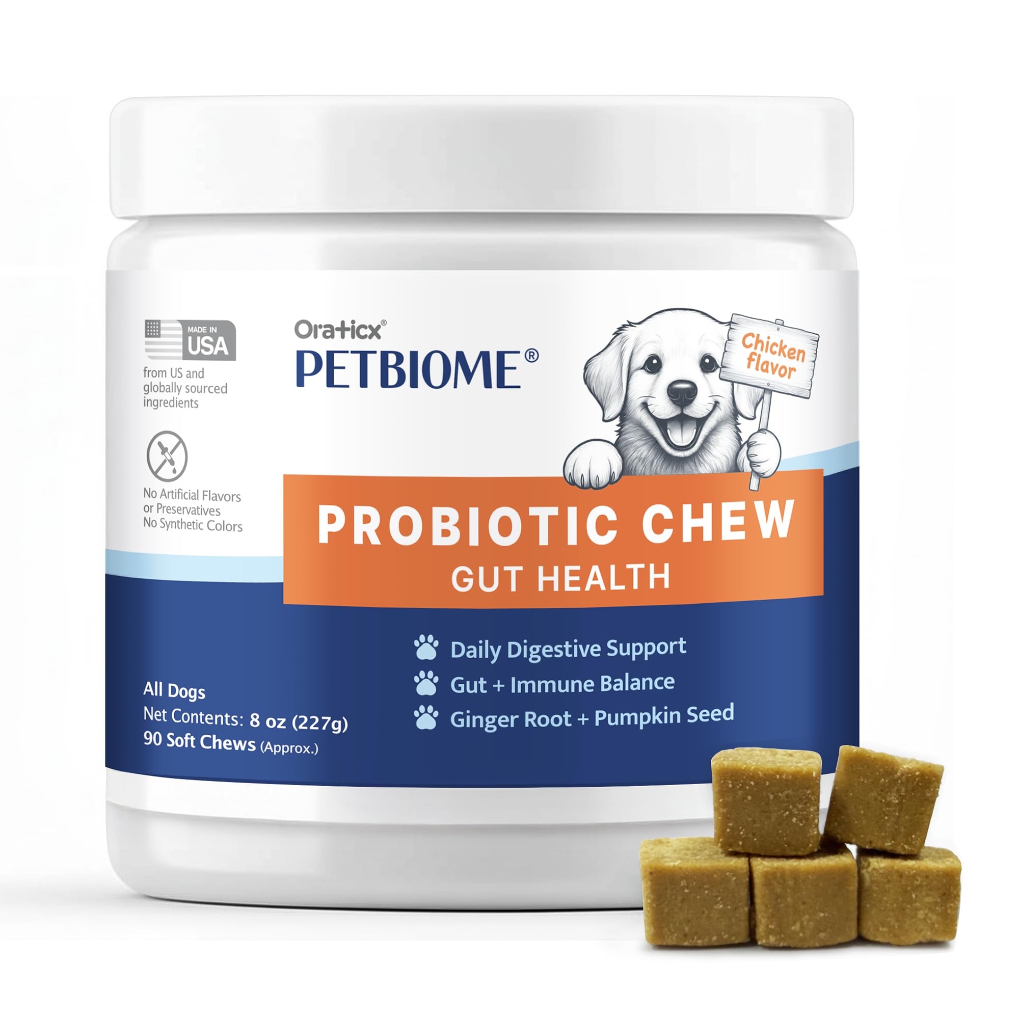 Oraticx PetBiome Probiotic Chew for Dogs - Supports Daily Digestive Health, Gut Balance, and Immune System - with Ginger Root, and Pumpkin Seed - Chicken Flavor, 90 Soft Chews