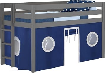 JACKPOT! Contemporary Low Loft Twin Bed with End Ladder, Gray with Blue & White Tent