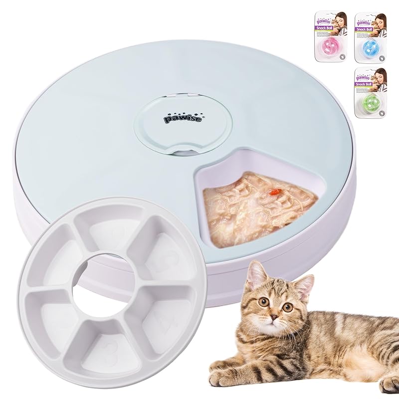 Comedouro automático para gatos PAWISE com timer programável para 6 refeições, alimentos úmidos e secos