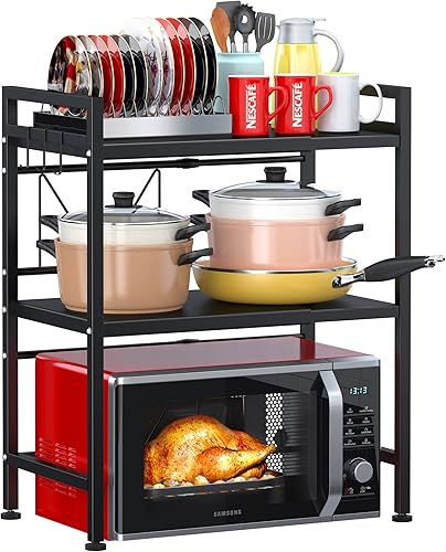 PUSDON Estante para horno de microondas, estante ajustable de 3 niveles con 3 ganchos para organizador de encimera de cocina, soporta 160 libras,