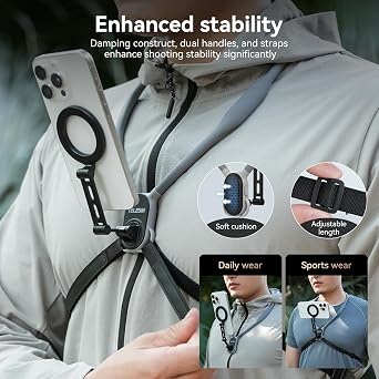 TELESIN Magnetic Phone Neck Mount, Neck Phone Holder POV/Vlog Selfie Mount | Hand Free Phone Neck Holder Chest Stand Strap Video Recording for iPhone Series Android Phones (Gray (Max Size))