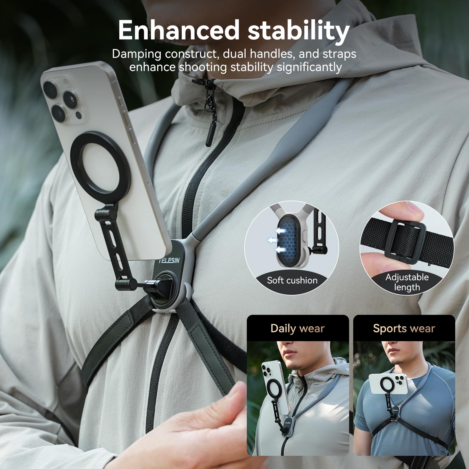 TELESIN° Verbessert Max Magnetische Nackenhalterung für Handys, POV/Vlog Hals-Telefonhalterung w Anti-Vibrations-Brustgurt Selfie-Halterung, Hand Free Phone Neck Holder Stand für iPhone Android Phones
