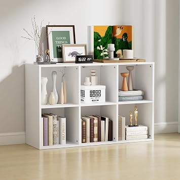 Wooden 6 Cube Storage Organizer with Closed Back Panel, Modern Open Cube Storage Shelf Bookshelf with Compartments, Cube Shelf Organizer for Living Room, Bedroom, Study Room, White