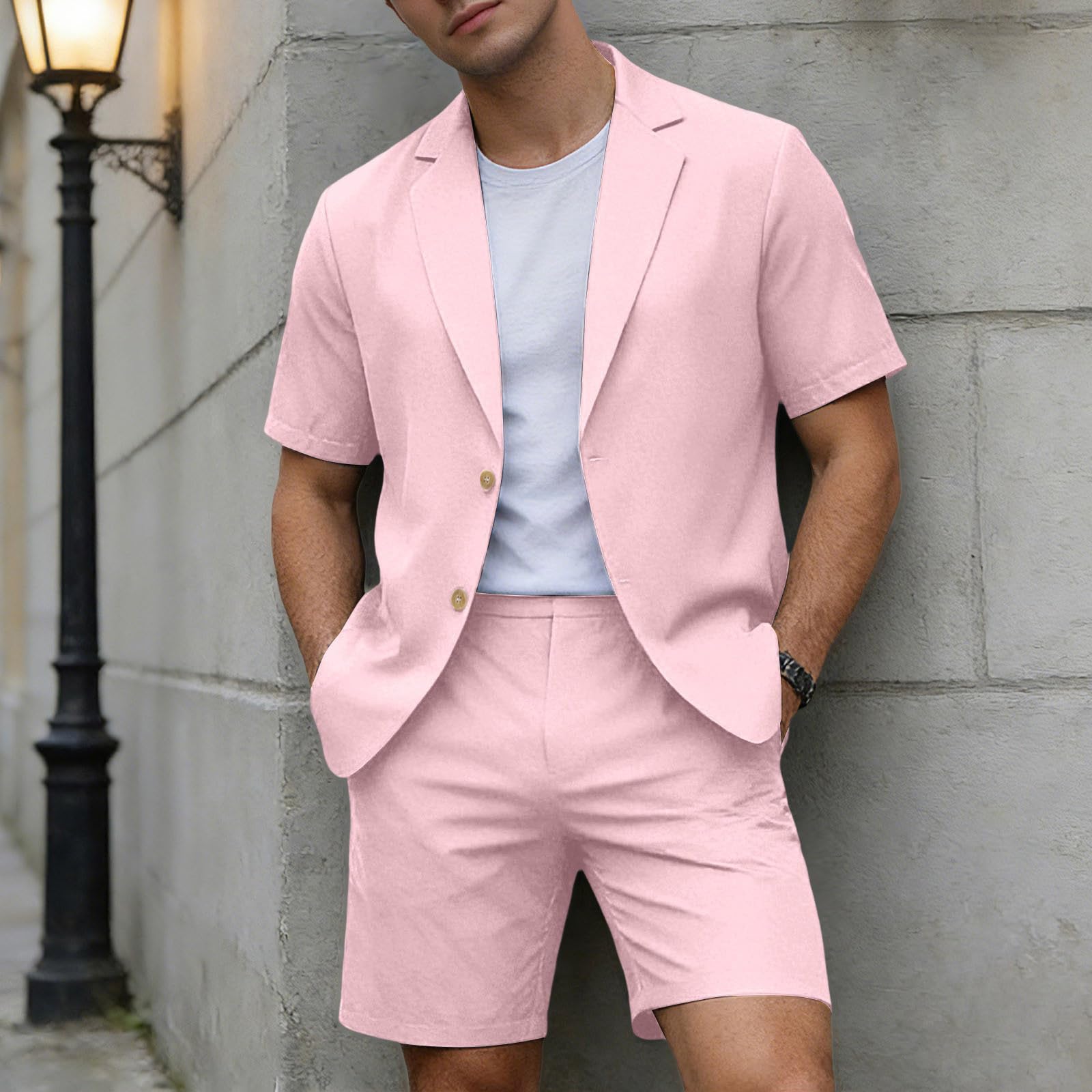 Herren Einfarbig Jacket Shorts Set Leichte Kurzarm Und Shorts Zweiteilig Lässig Sommer Strand Slim Fit Anzüge Business Herrenanzug Anzug Leinenweste Shorts Sommer Outfit Klamotten Sommeranzug