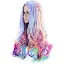 Full Long Curly Wavy Rainbow Hair Wig, 27.56 inch