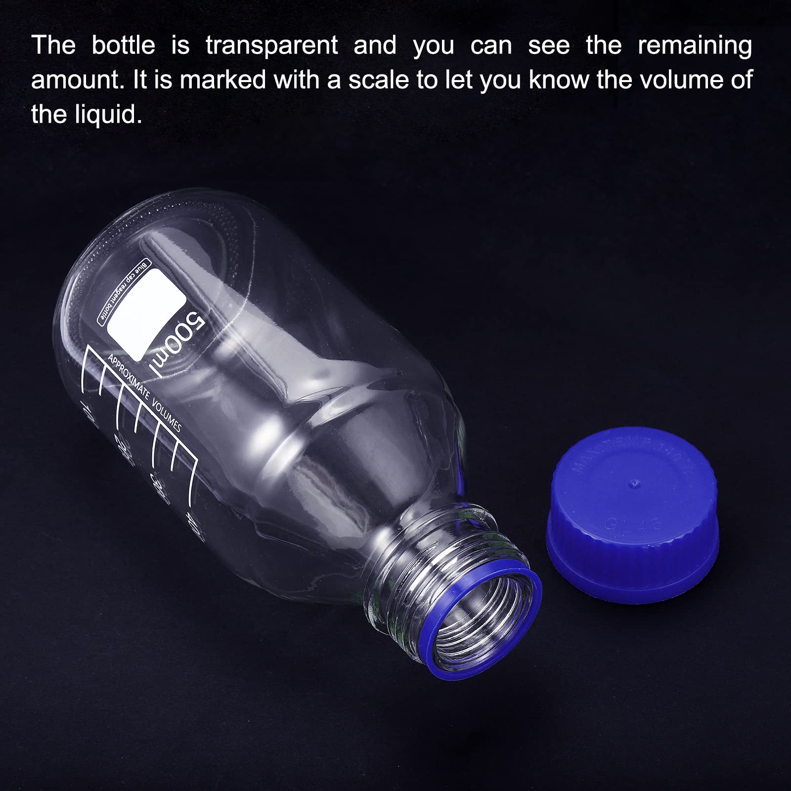 PATIKIL 500mL Reactivo Medios Botella, 2uds Redondo Graduado Vidrio Almacenamiento Botella Azul Roscada Tapa para Laboratorio Hogar, Transparente