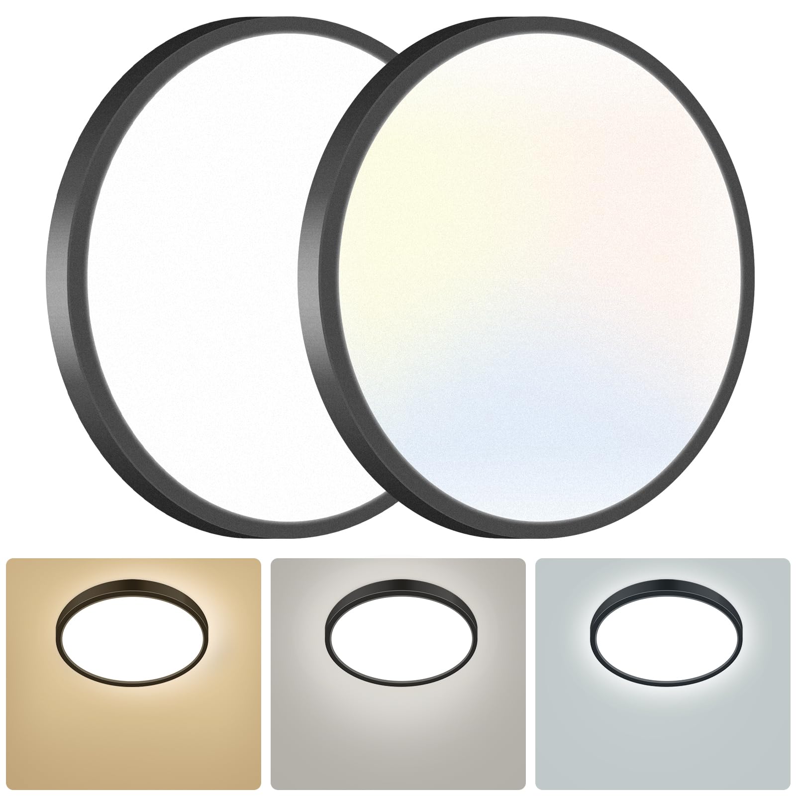 hepside Lot de 2 Plafonnier LED, 3 couleurs - 3000K/4000K/6500K, 29cm IP44 Etanche Lampe plafond,Moderne, Rond, Lampe Salle de Bain Plafond pour Salon,Chambre,Chambre d'enfant,Cuisine,Couloir,Noir