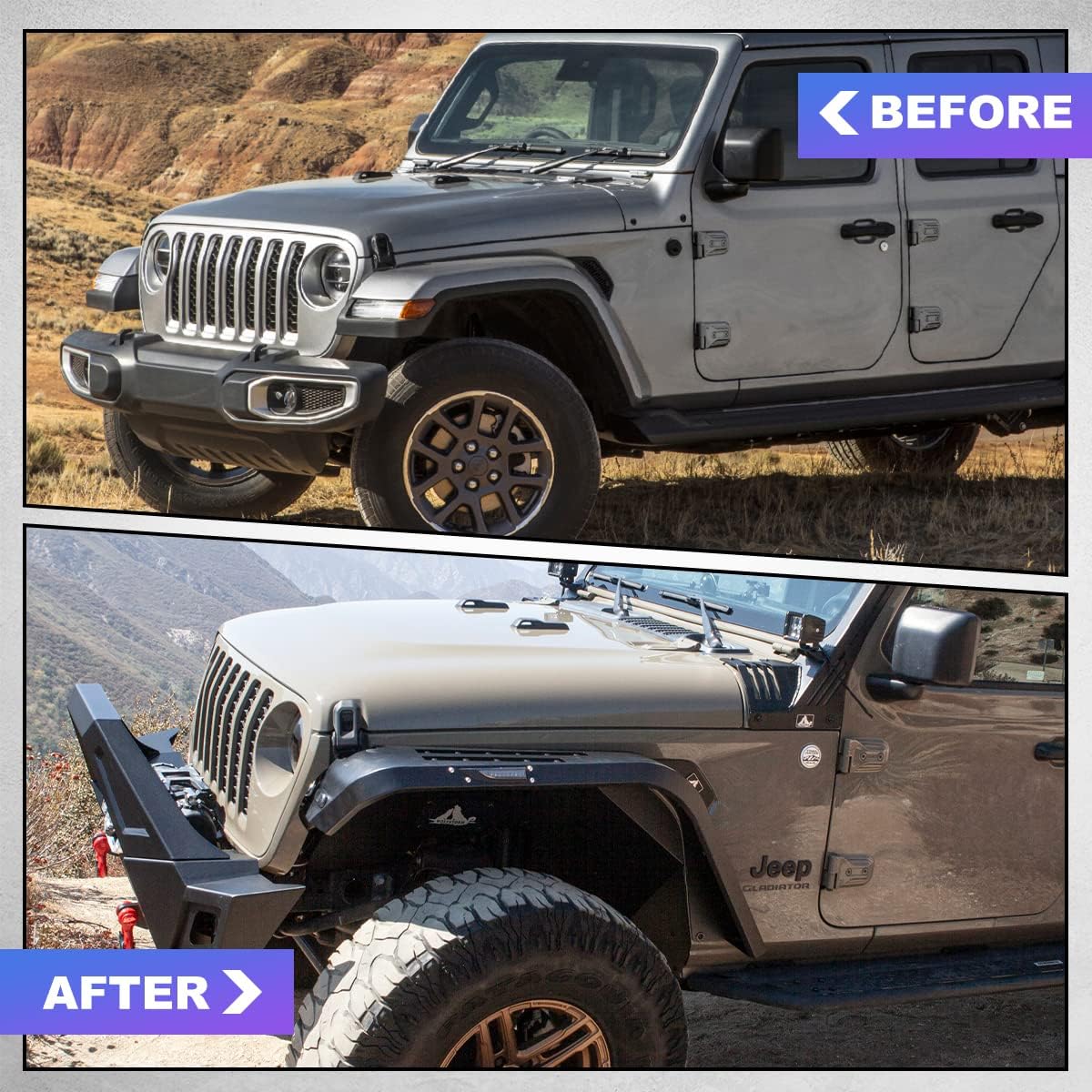 Diagram showing the dimensions of the fender flares: 44.3 inches length, 19.8 inches height, 12.3 inches width.