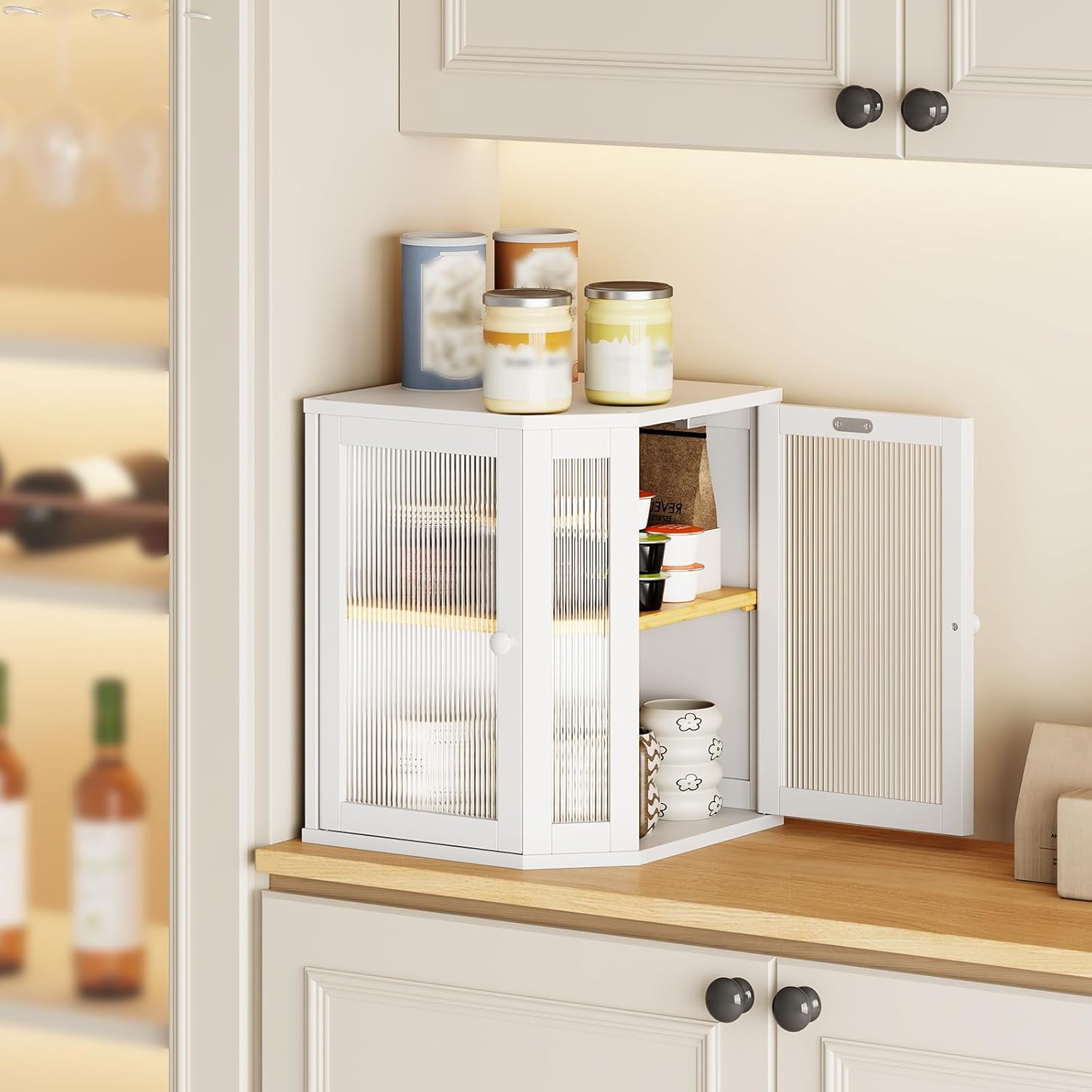 HOOBRO Bamboo Bread Box, Kitchen Countertop Corner Bread Box, Large Capacity 2-Tier Bread Container, Bread Storage Container with Dual Rippled Acrylic Doors, for Kitchen Food Storage, White WT12MB01