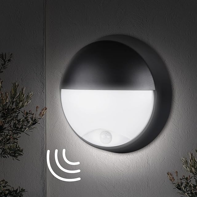 M EGA MEGACUBE 14W LED 4000K IP54 Flush Wall Mounted PIR Sensor Semicircle Bulkhead Light Fixture for Outdoor, Garden, Shed, Porch, Garage, Workshop, Patio, Hallway, Corridor, Workshop etc - Black