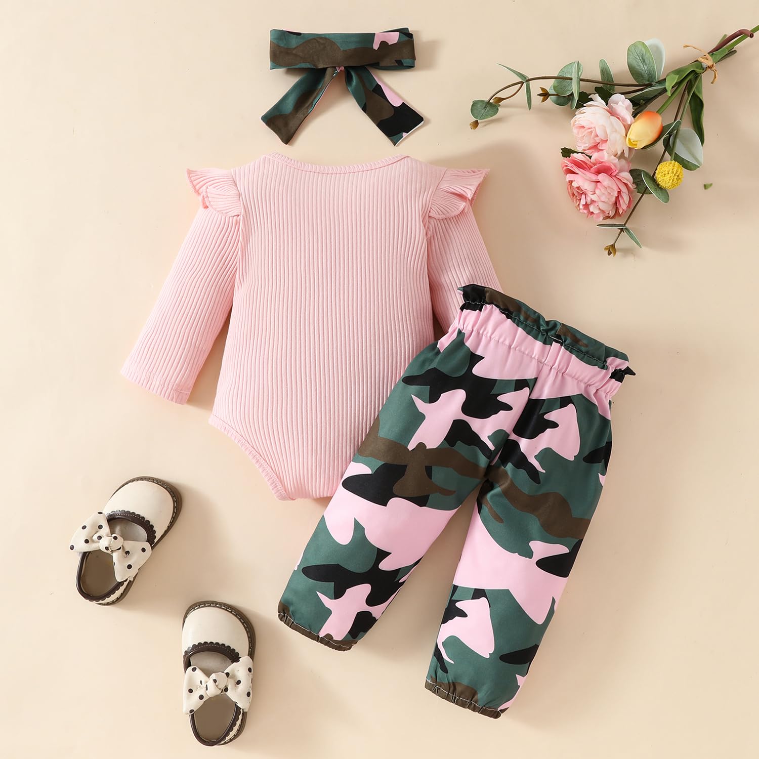 Neugeborenes Baby Mädchen Kleidung Kleinkind gerippt Ruffle lange Ärmel Strampler+ Floral Hosen+ Stirnband Cute Fall Outfit Set