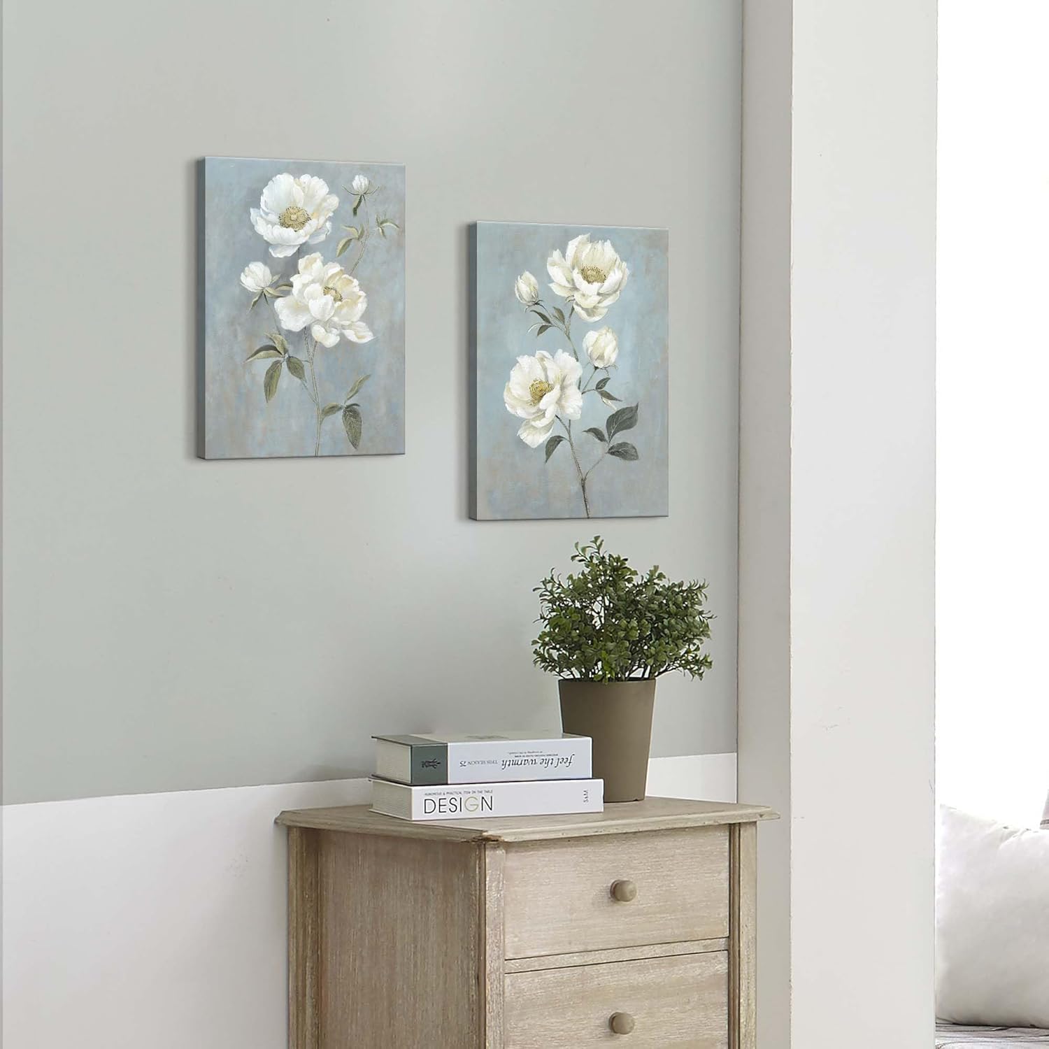 Flower Canvas Abstract Wall Art: 2 Pieces White Floral Prints Artwork Vintage Peony Bouquet Botanical Painting Picture for Bedroom Living Room Bathroom Home Office