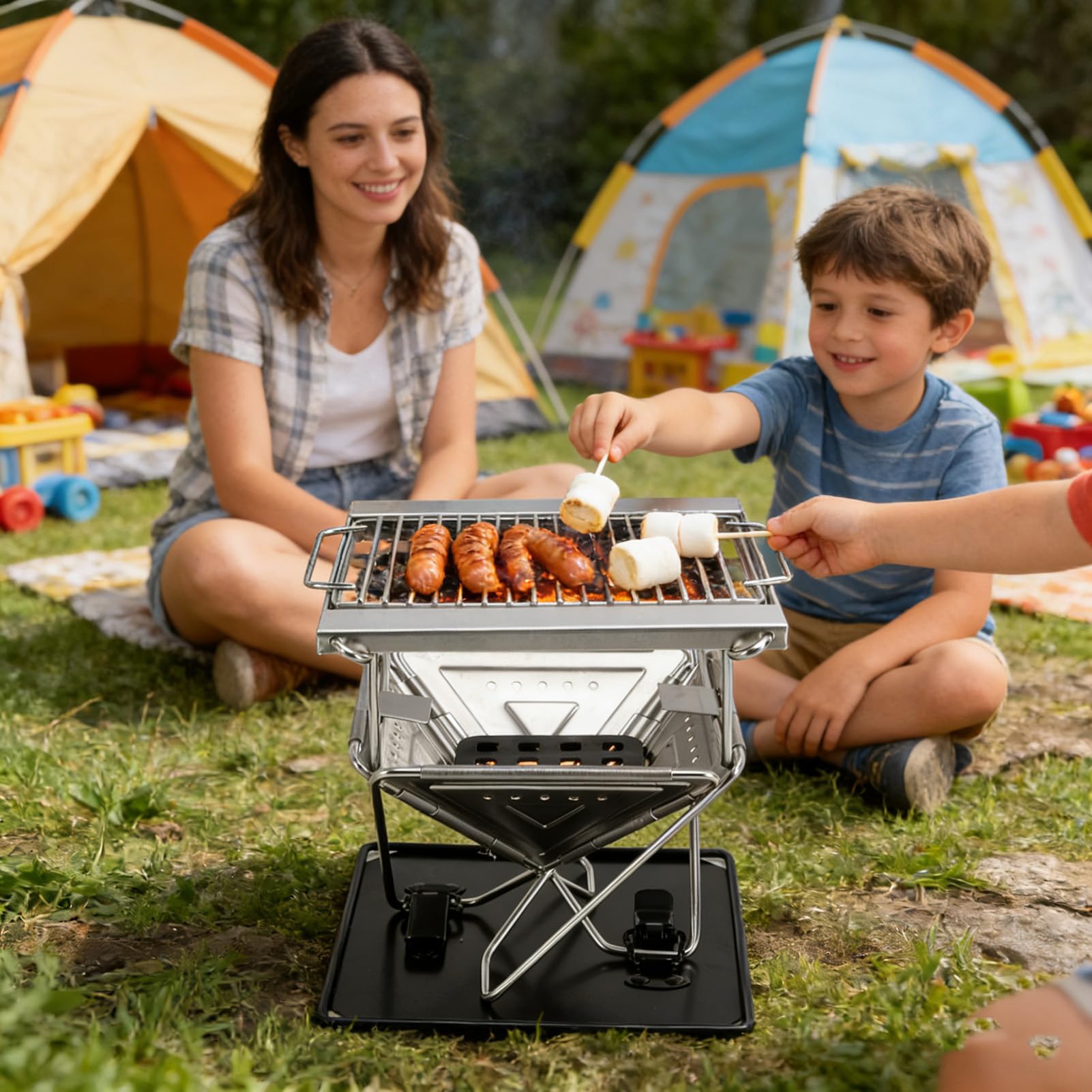 Asixxsix Składany grill turystyczny, wykonany ze stali nierdzewnej, z 3 stopniową regulacją wysokości, torbą do przechowywania, przenośny grill stołowy idealny na kemping, piknik