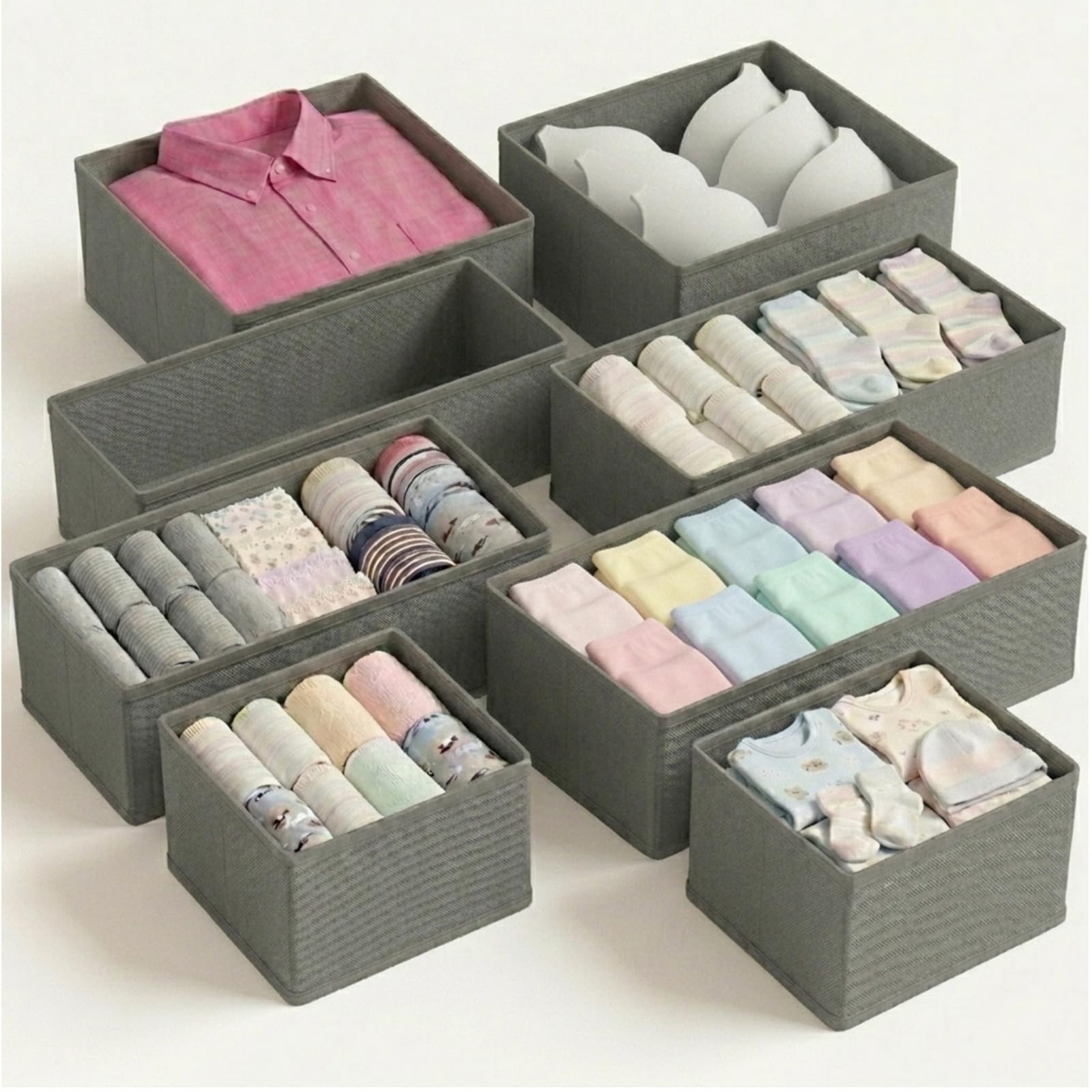QINGGENG Drawer Organiser Foldable, 8 Pack Grey Fabric Drawer Dividers, Wardrobe Storage Organiser for Drawers, Closet, Stackable Cloth Storage Box for Underwear, Bras, Socks, Ties, Towels, Shirts