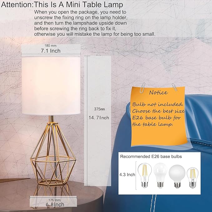 COTULIN COTULIN Gold Modern Hollow Out Base Bedroom Small Table Lamp,Bedside Nightstand Lamp with Geometric Metal Base White Fabric Shade,Cute Desk Lamp for Kids Living Room photo 2