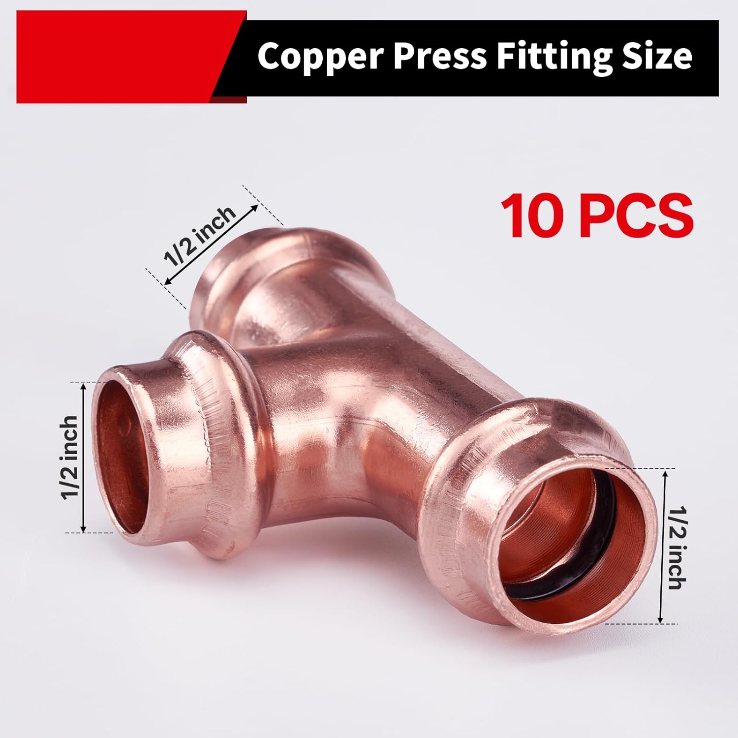 Copper Press Fittings Equal Tee, 10-Pcs 1/2 x 1/2 x 1/2 inch Heavy Duty Pro Press Fittings, P x P x P for Copper Fitting Connection, NSF 61 & 372, cUPC Certified