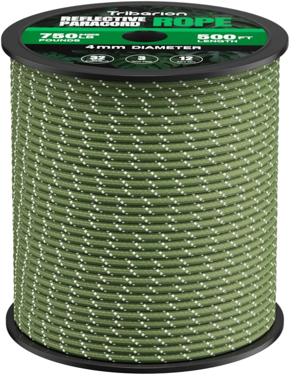 Reflective Paracord Rope 750 lb - 500ft 5/32" Parachute Cord 4MM 12-Strand para Cord - Heavy Duty Spool String for Survival,Camping Gear, Survival Bracelet, Clothesline - Army Green